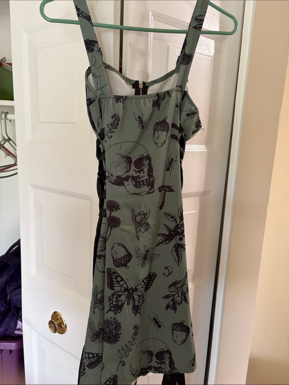 Green Skull & Nature Print Strappy Dress